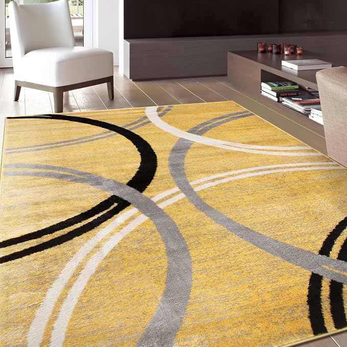 Rugshop Wavy Circles Jute Backing Living Room Area Rug Yellow 7'10" x 10'2" | Rectangular, Size 7'10" x 10'2", Bedroom, Dining Room, Home Office, Kitchen, Entryway, Hallway, Nursery, Kids Room, Bedside