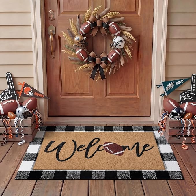 Tinideya Football Layered Doormat, Outdoor Football Decorations for Home | Welcome Non Slip Coir Mats, Front Porch Entryway Decor, Seasonal Layering Doormats