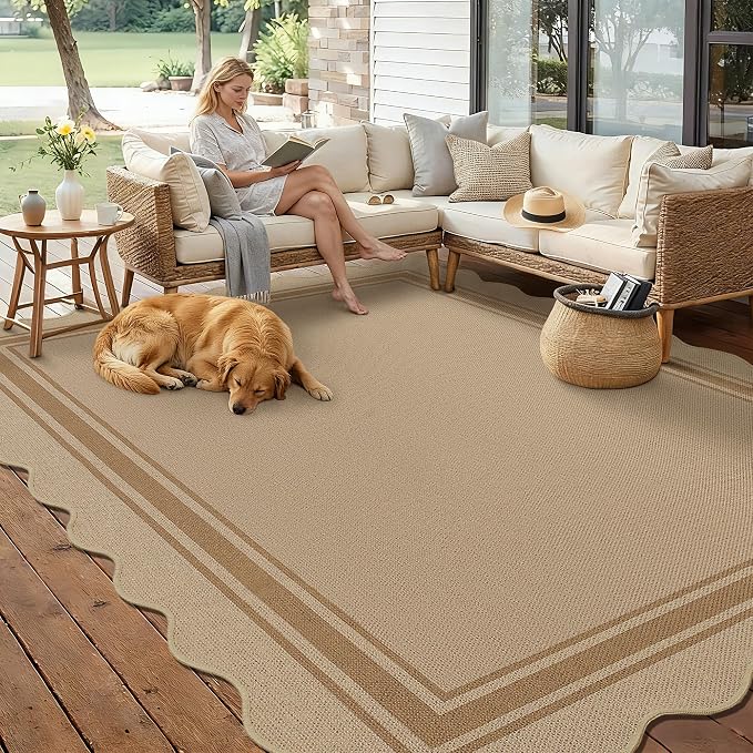 8x10 Scalloped Rug Easy Jute Washable Rug for Living Room Indoor Outdoor Tan Geometric Non Slip Carpet for Under Table Neutral Carpet for Backyard Patio Dining Room