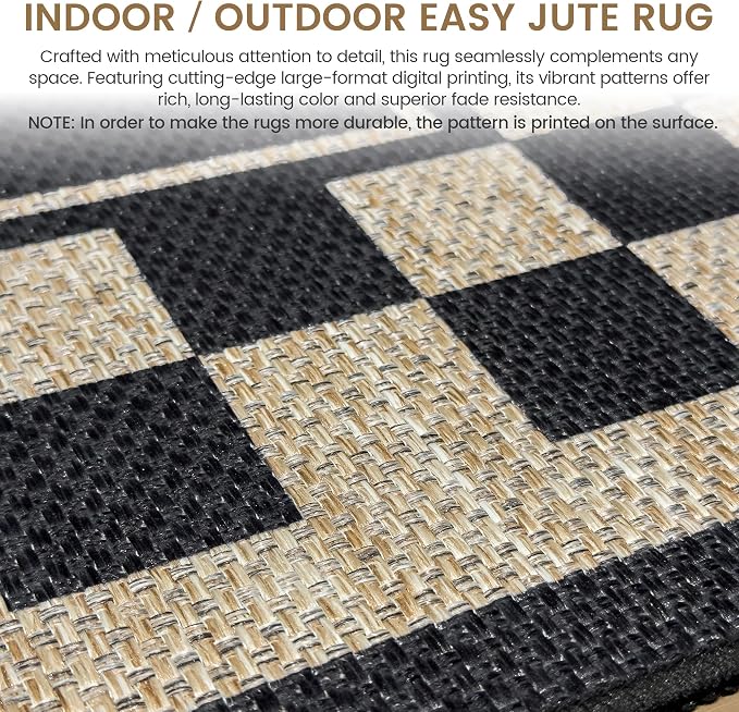Washable Checkered Easy Jute Runner Rug 2x8, Black Checkerboard Geometric Outdoor Indoor Patio Bordered Rug, Woven Non Slip Thin Neutral Long Runner Carpet for Hallway Kitchen Entryway Porch