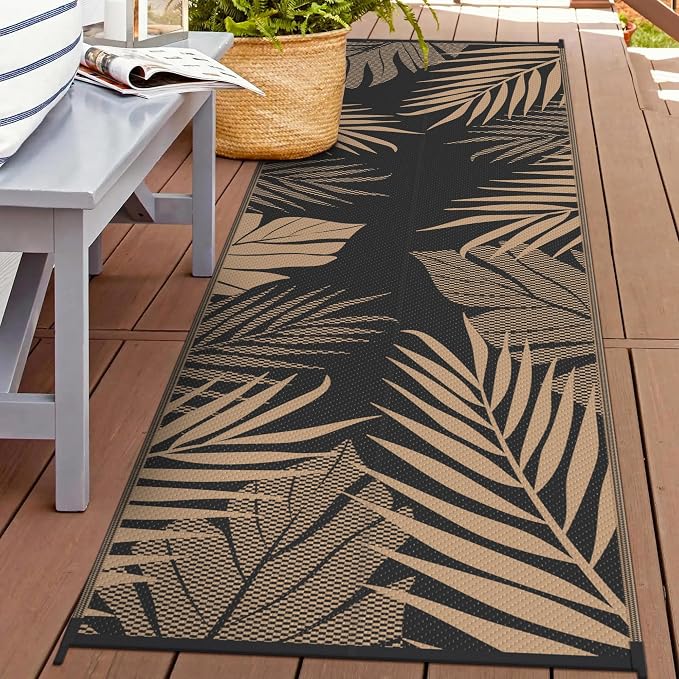 GENIMO Outdoor Rug, Waterproof Plastic Runner Rugs, 2.5'x8' Black Brown | Outside Leaf Carpet Mat for Patio Decor, Porch, Deck, Balcony, Camping, RV, Picnic, Beach, Reversible, Foldable, Lightweight