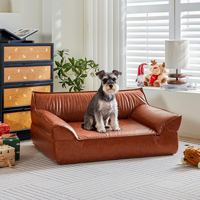 Large Leather Dog Sofa Pet Bed Couch for Large and Medium Dogs Under 70 lbs, Brown Luxurious Vintage Elevated Dog Sofa Chaise Indoor Furniture Style Pet Supplies Low Maintenance