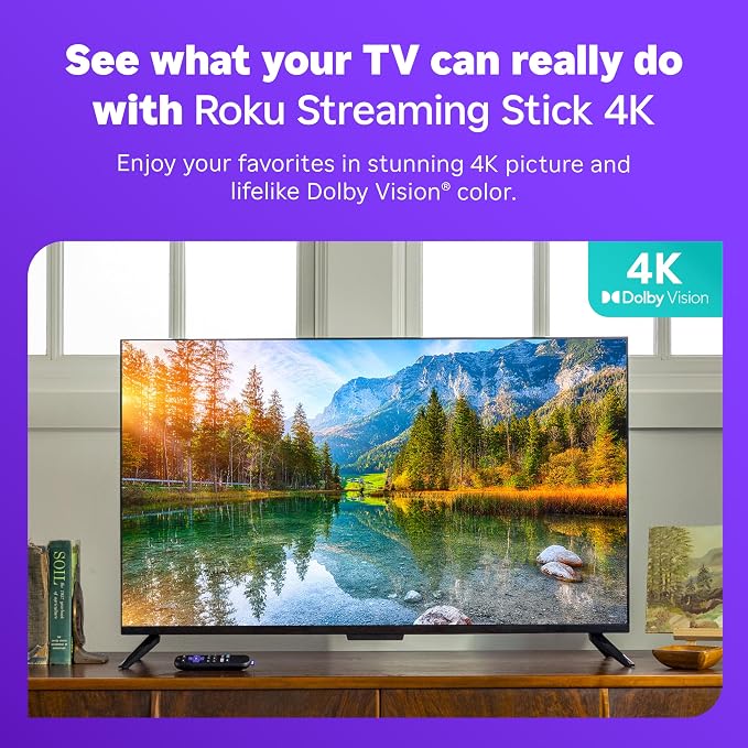 Roku Streaming Stick 4K with Voice Remote - HDR10+ & Dolby Vision | Compact 4K Streaming Device for TV with Roku Voice Remote & Long-Range Wi-Fi - Free & Live Local News, Sports