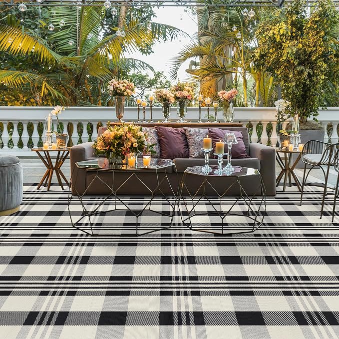 Buffalo Plaid Rug 6x9 Feet Cotton Woven Black and Off White Checkered Buffalo Check Area Rug Washable Indoor Outdoor Carpet for Living Room Bedroom Dining Room Patio Farmhouse