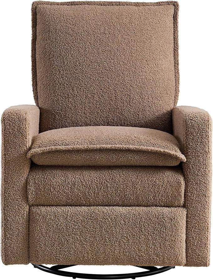 Oxford Baby Uptown Upholstered Glider Recliner Rocking Chair 360° Swivel for Nursery and Living Room - Teddy Brown, Green Guard Gold Certified