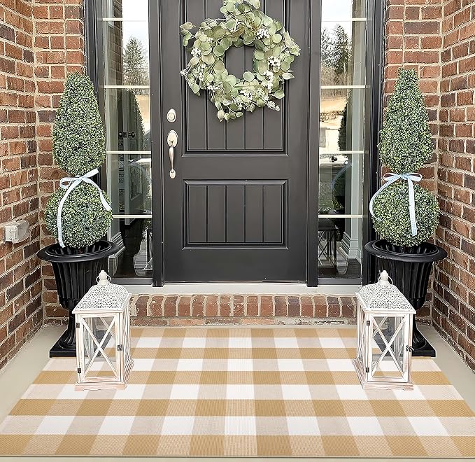 3' x 5' Outdoor Rug, Checkered Washable Rug Khaki and White Front Porch Rug Washable Front Door Mat Outdoor for Hello Welcome Mat, Bedroom, Entryway, Patio