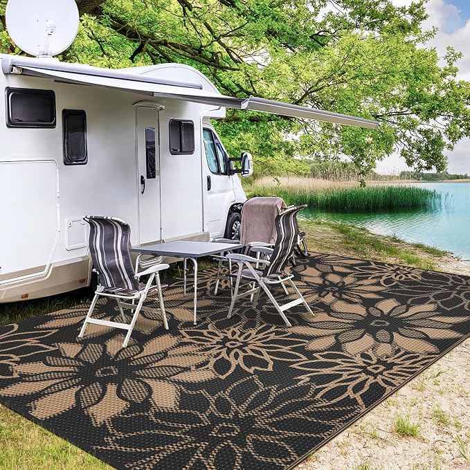 GENIMO Outdoor Rug, Waterproof Plastic Rugs for Patio, 9'x12' Onyx Brown | Outside Larger Leaf Carpet Mat for Porch Decor, Deck, Balcony, Camping, RV, Backyard, Picnic, Beach, Reversible, Foldable
