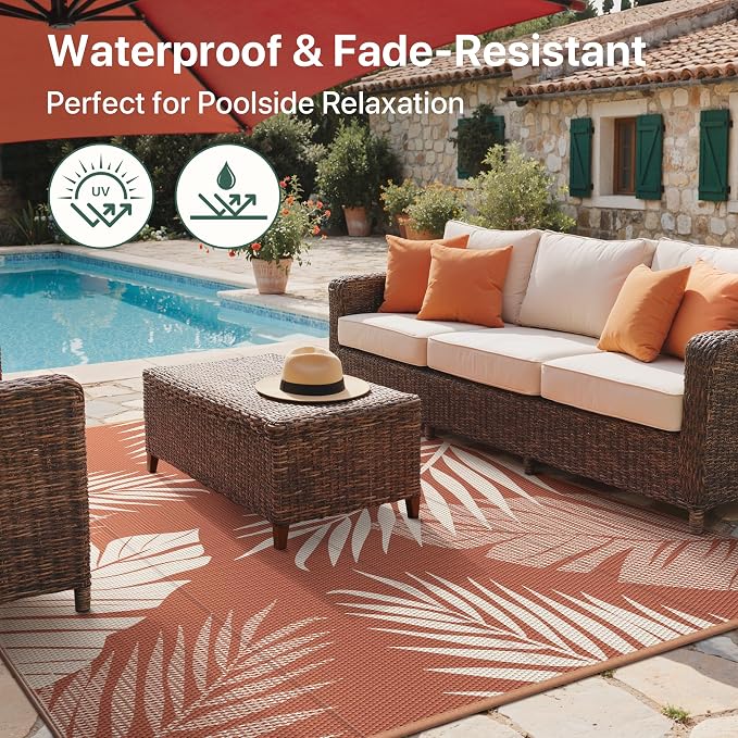 GENIMO Outdoor Rug, Waterproof Plastic Rugs for Patio, 9'x12' Brick Red | Outside Larger Leaf Carpet Mat for Porch Decor, Deck, Balcony, Camping, RV, Backyard, Picnic, Beach, Reversible, Foldable