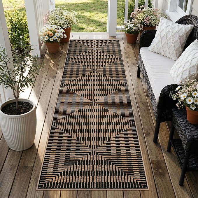 LIVEBOX Easy Jute Indoor Outdoor Runner Rug 2x6, Washable Runners for Hallways Non Slip, Farmhouse Geometric Striped Rugs for Kitchen, Entryway (Black)