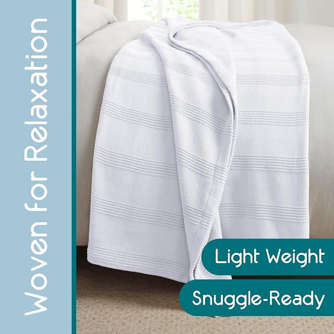 Vellux 100% Cotton Blanket, Twin, 66x90, White | Soft, Breathable Knit, Lightweight, All Season, Machine Washable, Oeko-Tex Certified, Hotel Quality