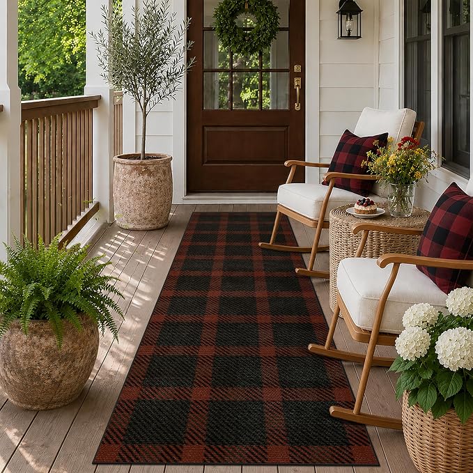JTJ Easy Jute Outdoor Runner Rug 2x6, Buffalo Plaid Washable Indoor Outdoor Rug, Farmhouse Non Slip Hallway Runner Rug for Patio, Porch, Entryway and Front Door