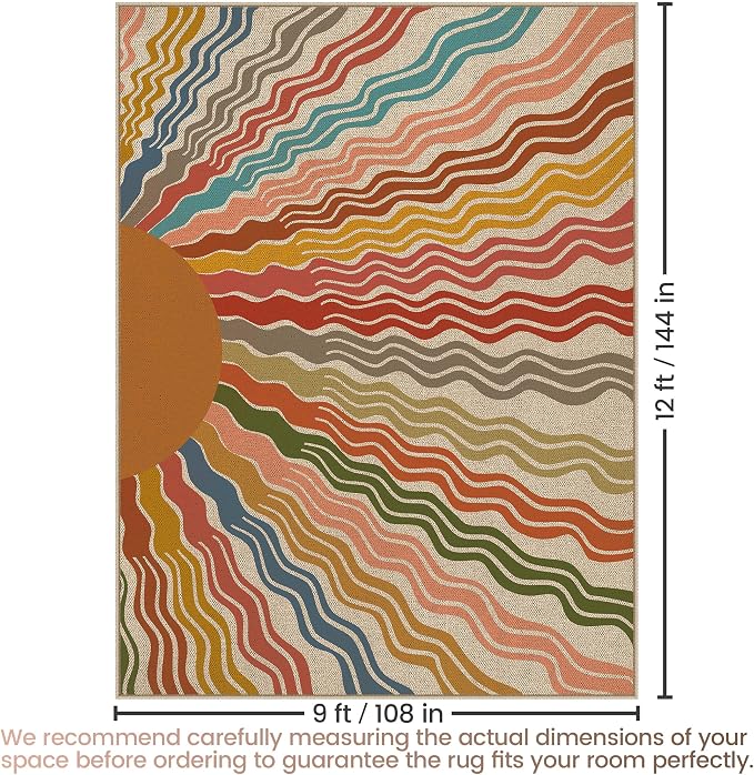 Washable Sun Easy Jute Rug, 9x12 Rainbow Sun Modern Boho Retro Outdoor Indoor Patio Large Area Rug, Woven Ultra Thin Non Slip Carpet Mat for Living Dining Room Bedroom Classroom Kids Nursery Play Room