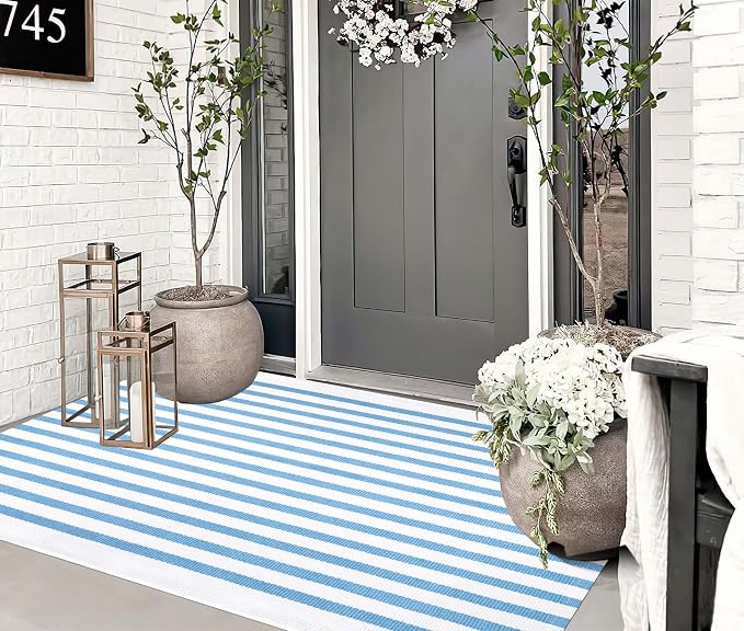 BUAGETUP Outdoor Rug 3'x 5',Light Blue Striped Area Rug Hand-Woven Cotton Washable Rug Indoor/Outdoor Area Rug Floor Mat for Farmhouse Living Room Bedroom