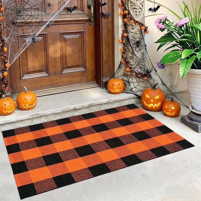 Halloween Orange and Black Buffalo Plaid Rug, 2'4'' x 3'7'' Indoor Outdoor Durable Rug, Spooky Accent Mat for Halloween Indoor Outdoor Decor, Living Room, Porch, Patio, Entryway