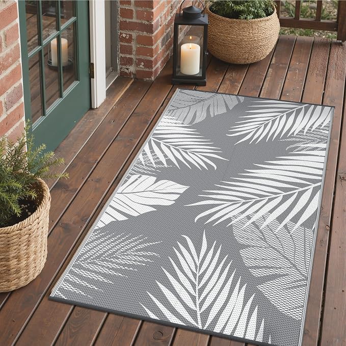 GENIMO Outdoor Rug 3'x5' Waterproof for Porch, Plastic Door Mat Grey White | Outside Leaf Carpet for Patio Decor, Balcony, Deck, Backyard, Picnic, Camping, RV, Reversible, Foldable, Lightweight
