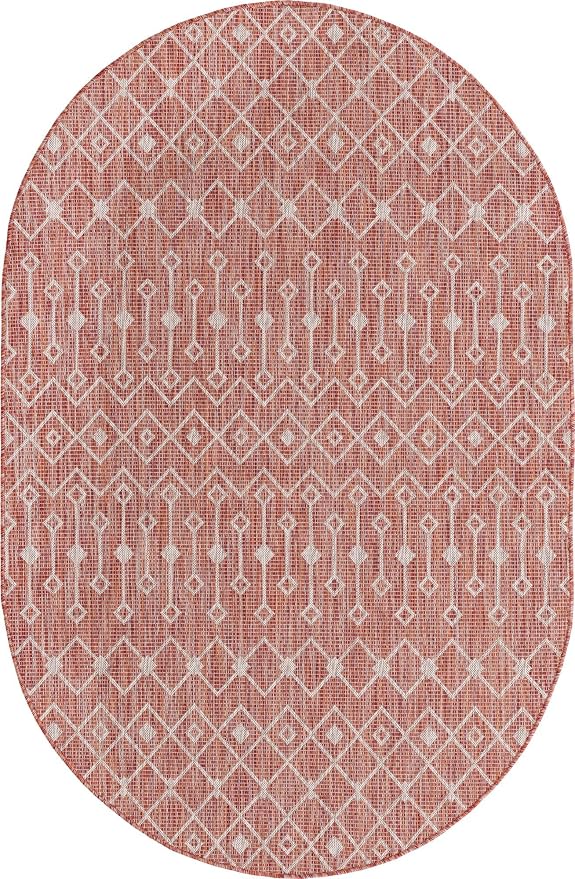 Unique Loom Outdoor Trellis Collection Area Rug - Tribal Trellis (5' 3" x 8' Oval, Rust Red/ Ivory)