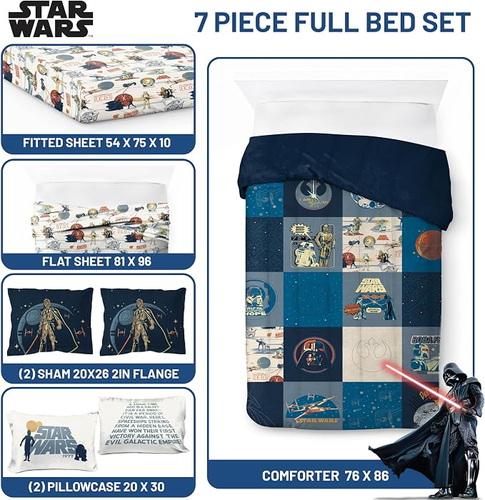 Jay Franco Star Wars Full Comforter Set 7 Piece Soft Bedding for Boys, Blue | Darth Vader Yoda, Bed in a Bag, Comforter Sheets Shams Pillowcases, Official Product, Microfiber, Machine Washable, Boys Gift