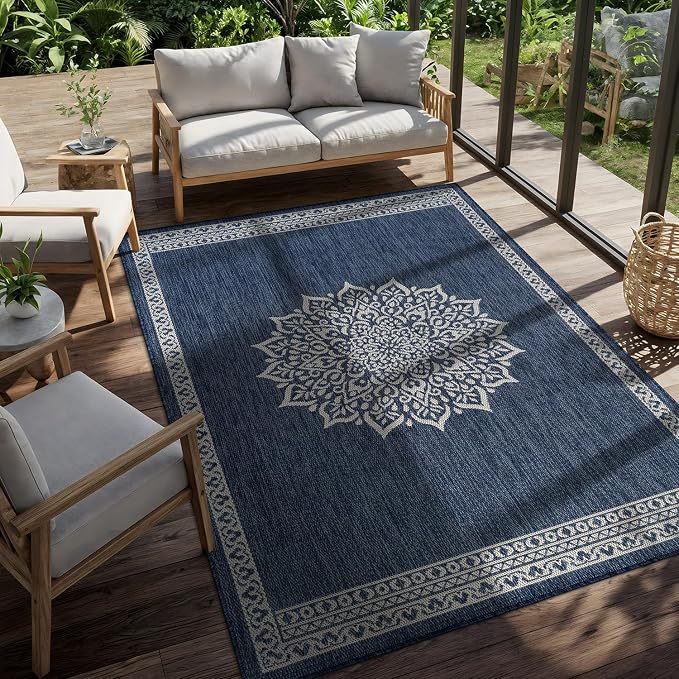 CAMILSON Outdoor Rug 9x12 Medallion Blue Modern Large Area Rugs for Indoor and Outdoor Patios Kitchen and Hallway Mats Washable Porch Deck Outside Carpet (Medallion Blue 9 x 12)