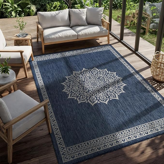 CAMILSON Outdoor Rug 5x7 Medallion Blue Modern Area Rugs for Indoor and Outdoor Patios Kitchen and Hallway Mats Washable Porch Deck Outside Carpet (Medallion Blue 5 x 7)
