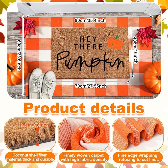 2 Pcs Fall Coir Doormat Outdoor Hey There Pumpkin Welcome Outdoor Mat Thanksgiving Front Proch Rugs Layered Buffalo Plaid Mats for Autumn Front Porch Entryway Decor