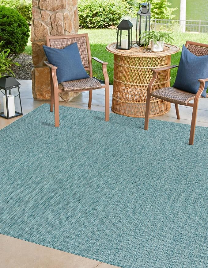 Unique Loom Collection Casual Transitional Solid Heathered Indoor/Outdoor Flatweave Area Rug (10' 8" Square, Aquamarine/Ivory)