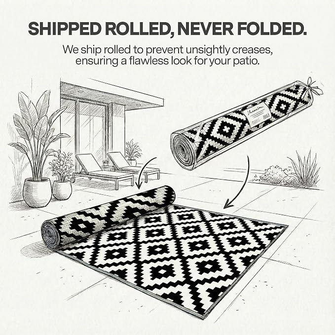 FH Home Outdoor Rug - Waterproof, Fade Resistant, Reversible - Premium Recycled Plastic - Geometric - Patio, Porch, Deck, Balcony - Aztec - Black & White Crease Free - 5 x 8 ft