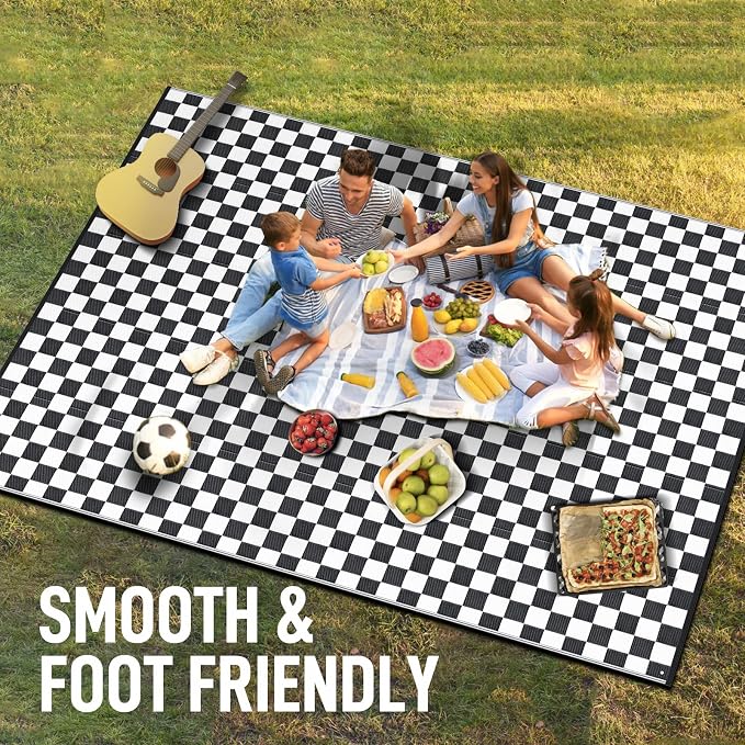 GOTGELIF Checkered RV Mat - 9x18FT, Reversible & Water-Resistance & Portable for RV Trips, Picnic, Camping, Outdoor, Garden, Patio - Black and White Checkered