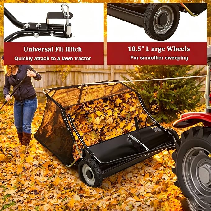 52" Heavy-Duty Tow-Behind Lawn Sweeper,27 cu.ft. Large-Capacity Grass & Leaf Collector for Tractors & ATVs, Adjustable Height with Easy Dump Rope, Efficient Yard Debris Removal for Lawn Care