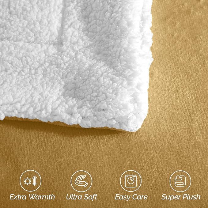Elegant Comfort Ultra Soft Reversible Flannel Sherpa Blanket - Cozy Silky Fleece Throw for Couch, Bed - Plush Fuzzy Warm Winter Blanket for Gift, Twin, Gold
