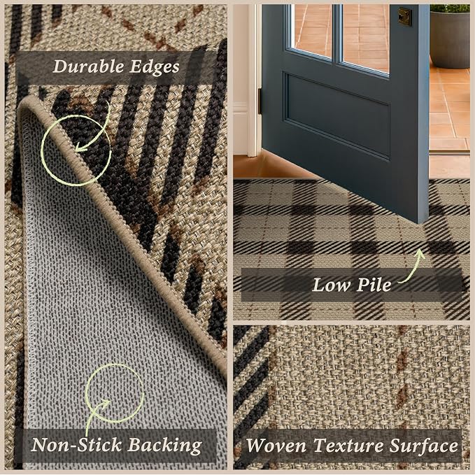 JTJ Easy Jute Kitchen Runner Rug 2'6" x 10', Washable Non Slip Indoor Outdoor Low Pile Rug for Hallway, Entryway & Laundry Room, Farmhouse Plaid Style