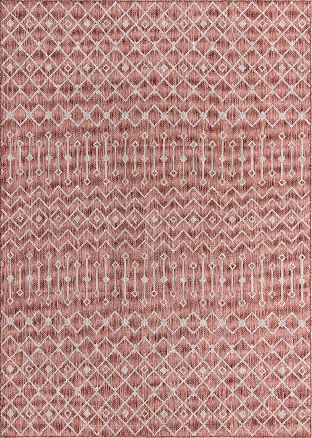 Unique Loom Outdoor Trellis Collection Area Rug - Tribal Trellis (10' x 14' 1" Rectangle, Rust Red/ Ivory)