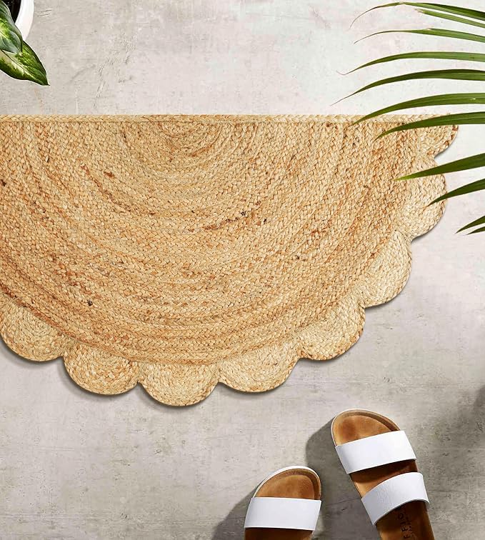Boho Braided 1.5x3 Area Rug - Jute Natural Fiber Semi Circle Scalloped Rug for Living Room Entryway, Farmhouse, Home, Indoor Rugs Jute Door mat for Bathroom 18 x 36 inch (Natural, 1.5 X 3 ft)