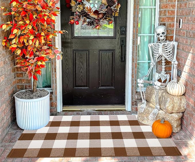 Coffee and White Outdoor Rug 24''x51''Checkered Plaid Front Porch Rug Cotton Woven Washable Door Mat Outdoor for Layered Doormat Hello Welcome Door Mat Kitchen Farmhouse Entryway
