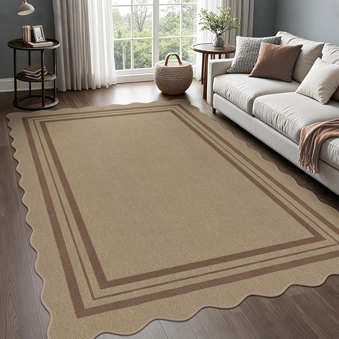 Scalloped 5x7 Rug for Living Room, Easy Jute Washable Outdoor Patio Carpet, Farmhouse Indoor Brown Geometric Rug Neutral Non Slip Carpet for Living Room Backyard