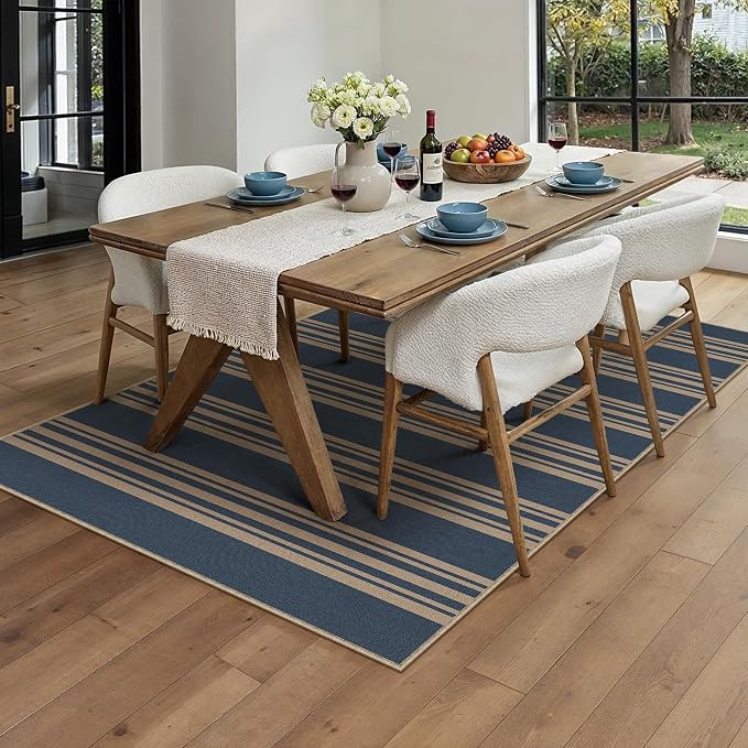 PureCozy Striped Easy Jute Rug 3x5 Blue Entryway Carpet Washable Non Slip Office Door Mat Farmhouse Neutral Non Shedding Small Indoor Outdoor Rug for Bathroom Kitchen Bedroom Living Room