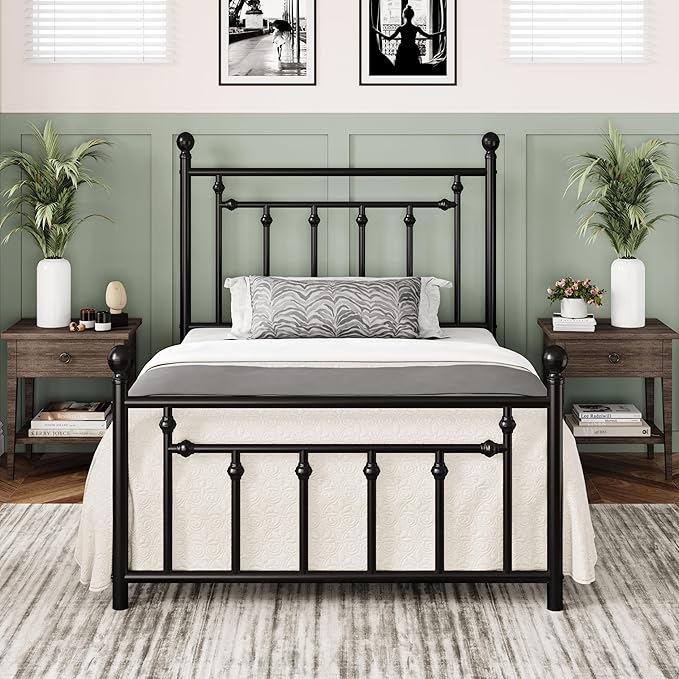 Allewie 14'' Twin Size Metal Platform Bed Frame, Vintage Headboard, Black | 45'' Tall Victorian Headboard/Footboard/Mattress Foundation/Under Bed Storage/No Box Spring Needed/Easy Assembly/Noise Free