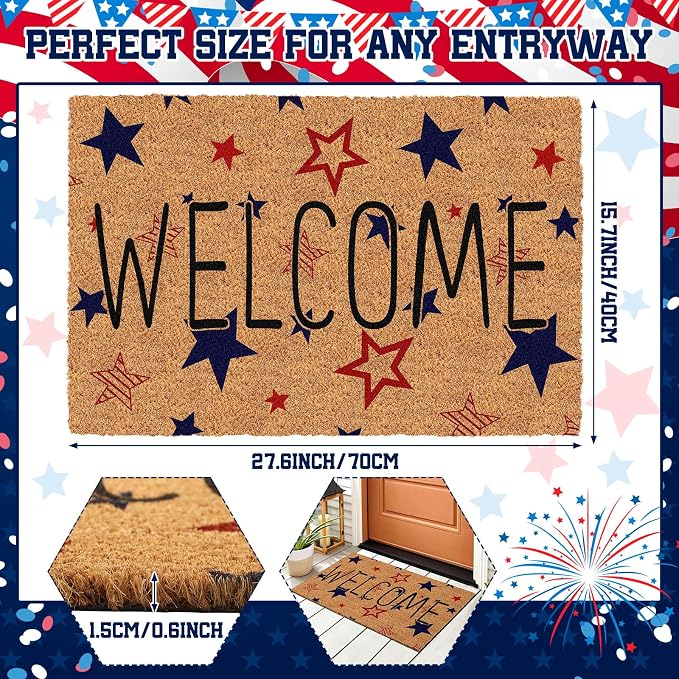 Ceenna 4th of July Patriotic Coir Door Mat Outdoor Red White Blue 250th Anniversary Star Welcome Rug Patriotic Doormat Non-Slip Entrance Rugs for Independence Day Memorial Day Home Decor 16 x 28 Inch