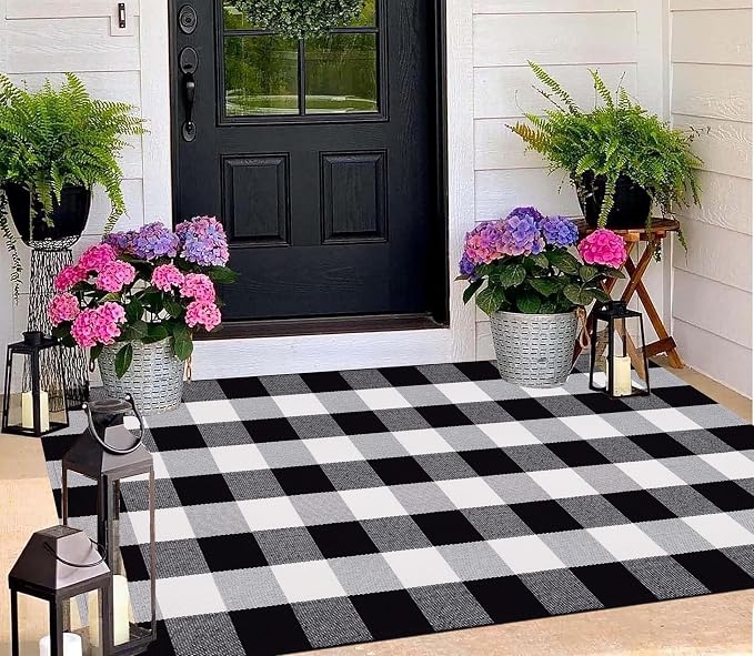 Black and White Outdoor Rug 3'x5'Buffalo Plaid Checkered Front Porch Rug Machine Washable Farmhouse Front Door Mat Outdoor for Front Hello Welcome Mat,Bedroom,Entryway,Patio