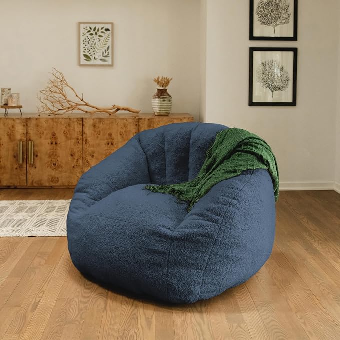 Big Joe Cloudberry Bean Bag Chair, Foam-Filled Structured Seat, Teddy Boucle, Slate Blue, Adults