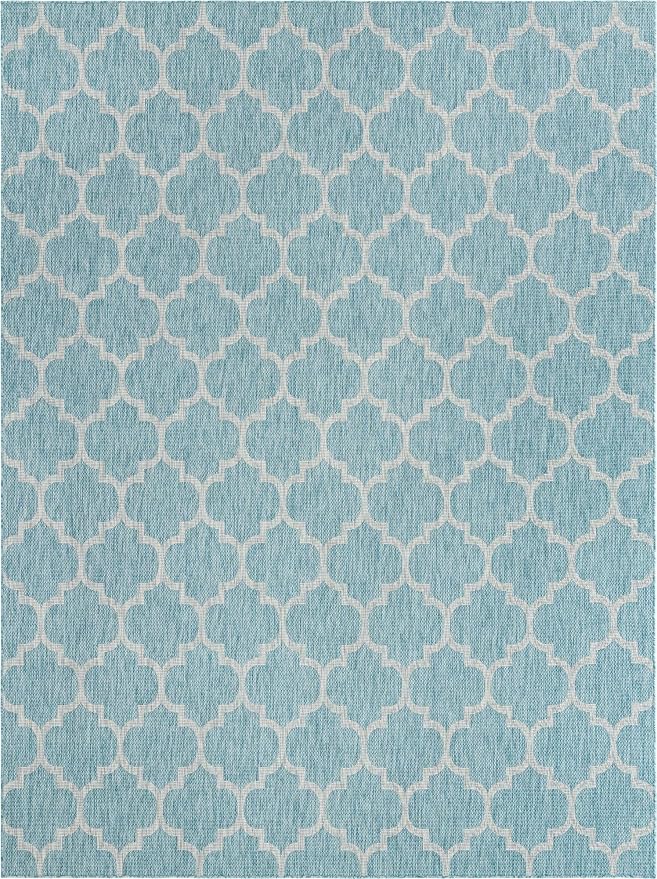 Unique Loom Outdoor Trellis Collection Area Rug (10' x 13' 1" Rectangle, Aquamarine/ Gray)