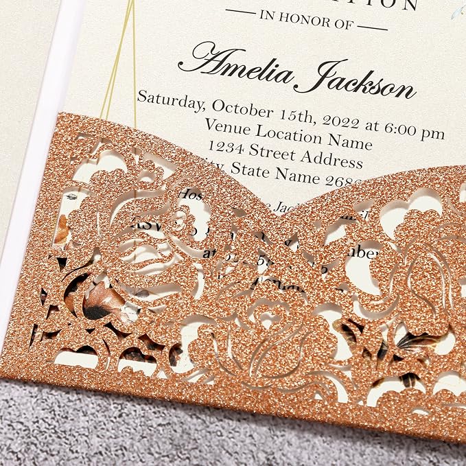 DORIS HOME 50Pcs Personalized Laser Cut Quinceanera Invitations, Terracotta | 4.7"x7.1", Customized Quince Invitations, For 15th Birthday, Sweet 16, With Envelopes