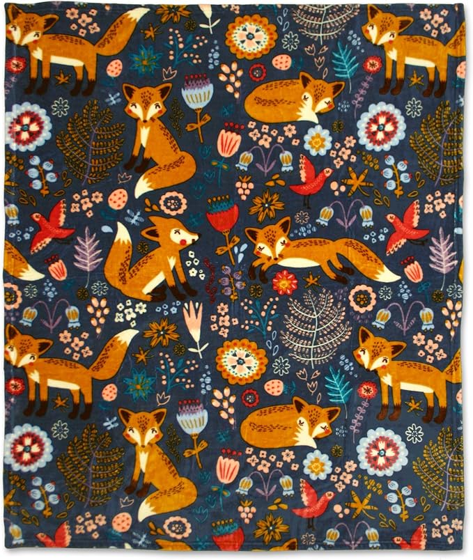 Lush Decor Pixie Fox Sherpa Throw Blanket 50”W x 60"L Navy & Orange - Sherpa Blankets - Toddler Blanket For Bed - Navy Girls Room Decor - Floral Throw