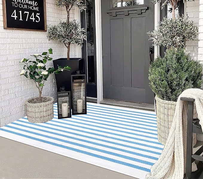 Light Blue and White Outdoor Rug 3'x5',Machine Washable Striped Porch Rug Cotton Woven Farmhouse Front Door Mats for Porch/Entryway/Home Entrance Decor/Bedroom/Laundry Room/Patio/Front Door