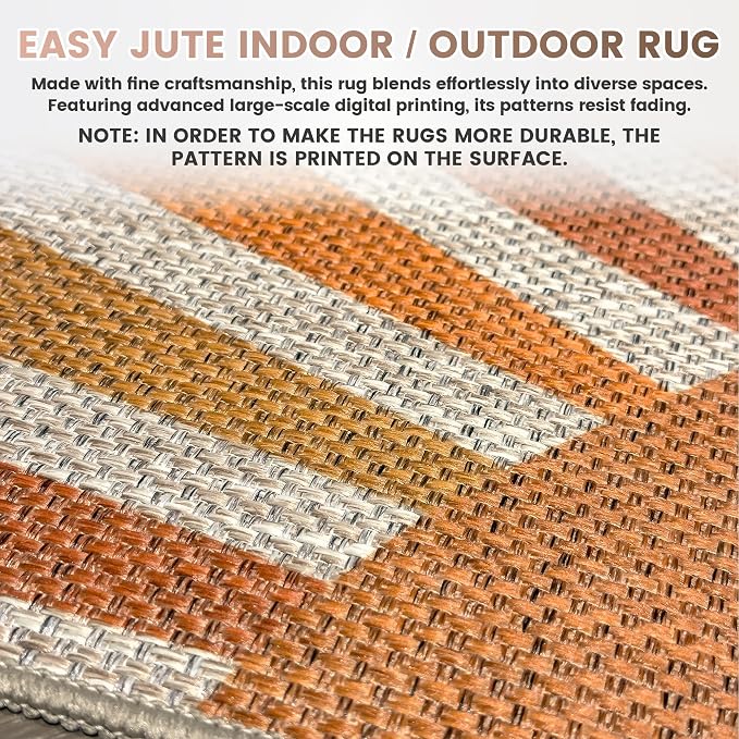 Washable Sun Easy Jute Rug, 8x10 Modern Boho Retro Outdoor Indoor Patio Farmhouse Large Area Rugs, Woven Ultra Thin Non Slip Carpet Mat for Living Dining Room Bedroom Classroom Kids Nursery Play Room