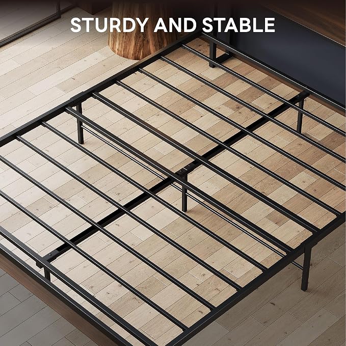 LIKIMIO Queen Bed Frame with 2-Tier Storage Shelf Headboard | Dark Wood Platform Bed, Camas Queen with Strong Metal Supports, Sturdy, Noise-Free, No Box Spring Needed, Dark Walnut