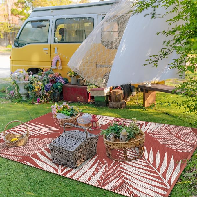 GENIMO Outdoor Rug, Waterproof Plastic Rugs for Patio, 5'x8' Brick Red | Outside Larger Leaf Carpet Mat for Porch Decor, Deck, Balcony, Camping, RV, Backyard, Picnic, Beach, Reversible, Foldable