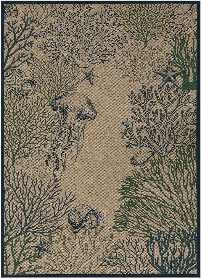 Tribesigns 5x7 Blue Green Coastal Easy Jute Area Rug for Living Room | Washable, Non-Slip Ocean Animal Design for Bedroom, Dining Room, Patio, Backyard and Beach House Decor, Includes 4 Rug Tapes