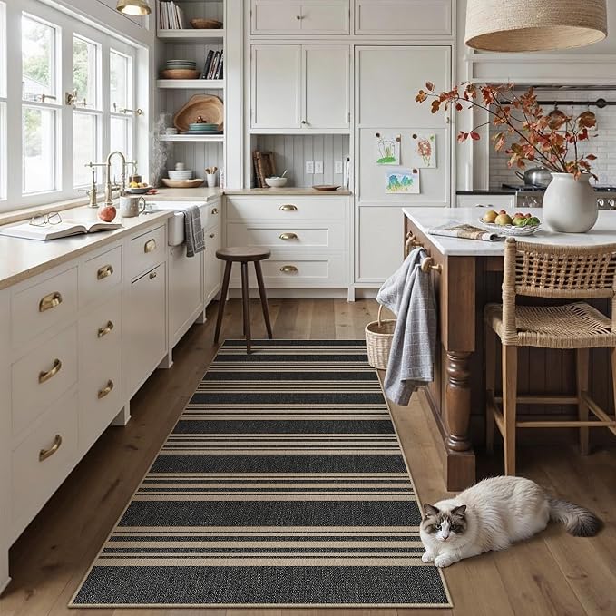 PureCozy Striped Easy Jute 2x6 Kitchen Runner Rug Black Washable Carpet for Hallway Non Slip Farmhouse Neutral Non Shedding Indoor Outdoor Long Rug Bathroom Bedroom Laundry Entryway