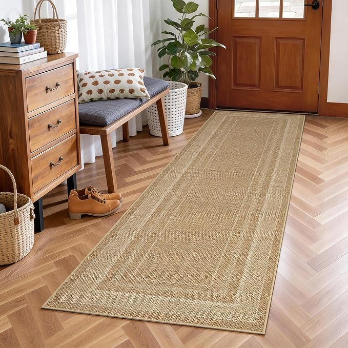GarveeHome 2x6 Runner Rug for Hallway Modern Solid Washable Kitchen Rugs | Non Slip Modern Neutral Bordered Stain Resistant Indoor Throw Carpet for Nursery Kitchen Dining Room Entryway, Jute