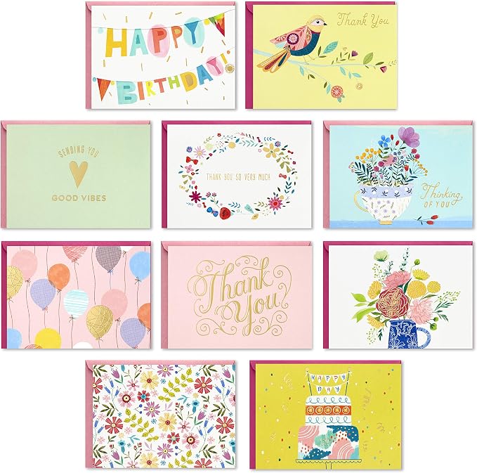 Hallmark Pack of 24 Handmade Assorted Boxed Greeting Cards, Watercolor & Pack of 30 Assorted Boxed Greeting Cards, Good Vibes—Birthday, Thinking of You, Thank You, Blank Cards